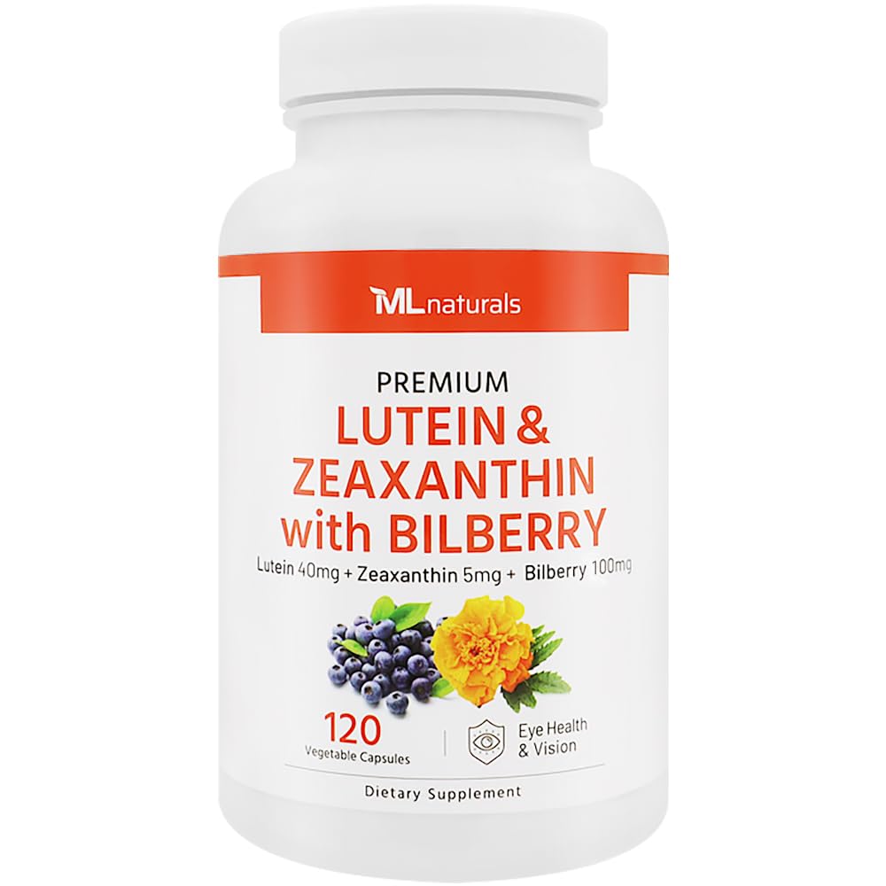 ML Naturals Premium Lutein & Zeaxanthin med Bilberry 120 Vegetabilske kapsler. Lutein 40 mg, Zeaxanthin 5 mg og Bilberry 100 mg. Premium Quality. Sunde øjne & Vision, NSF- Certified & cGMP- Compliant