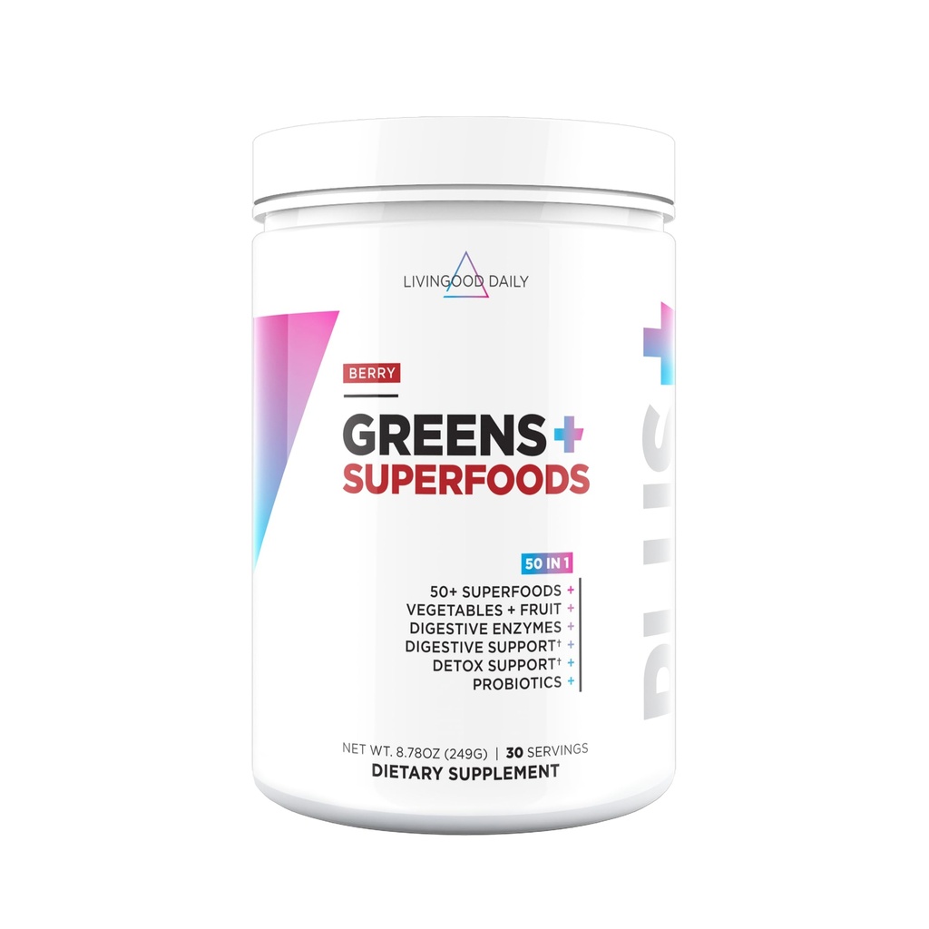 Livingood Daily Green & Superfood Powder, Super Green for Gut Health, Green Juice Powder med Spirulina, Chlorella, og fordøjelsesenzymer, Probiotika til fordøjelsesstøtte, Berry, 30 Servere