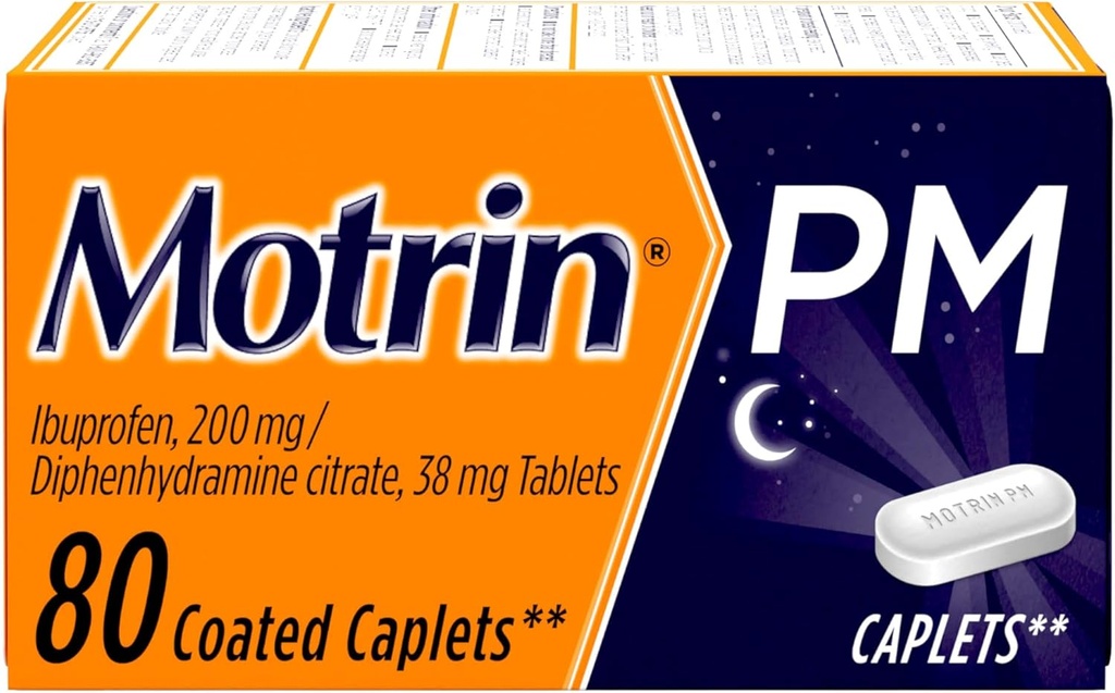 Motrin PM kapsler med 200 mg Ibuprofen & 38 mg Diphenhydramin Sleep Aid, Nighttime Pain Reliever for Minor Aches & Pains, Bulk, 80 ct