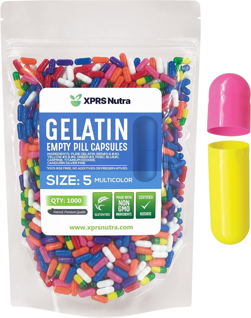XPRS Nutra Størrelse 5 Tomme kapsler - 1000 Tomme meget små Tomme Gelatine kapsler - Piller selv Capsule Fyldning - Fyldelige Pille Gel Caps til Do- It- Yourself Vitamin Kosttilskud (Multi Color)