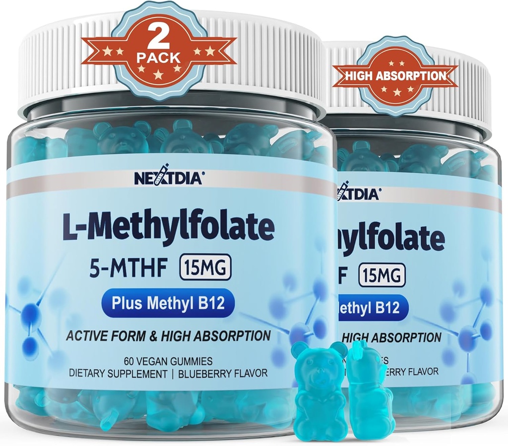 L- MethylFolate 15mg & Methyl B12 Gummies, Metyleret B1, B2, B6 Multivitaminer - Aktiv 5- MTHF & Høj Absorption - Understøtter MTHFR Gene, Cognition, Homocysteine Niveauer, Folat Metabolisme, Vegan, 120 Cts