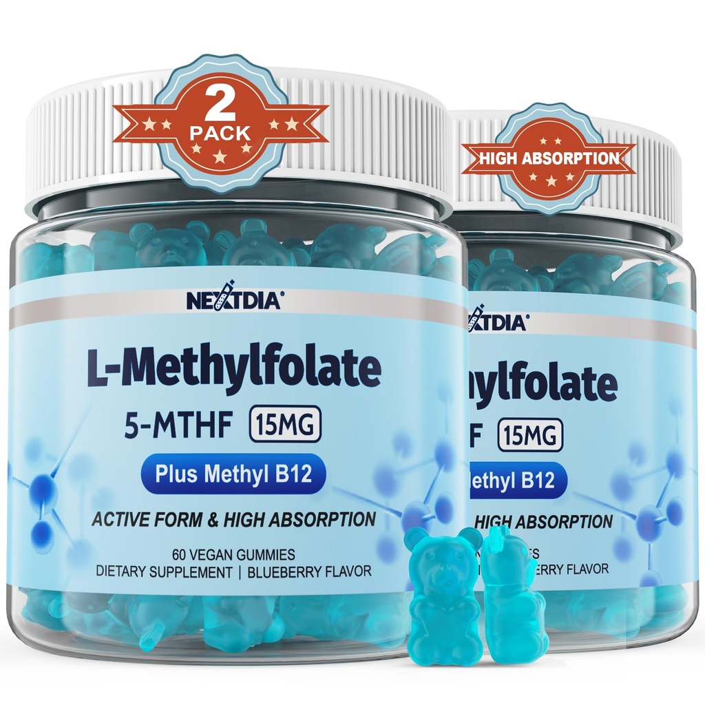 L- MethylFolate 15mg & Methyl B12 Gummies, Metyleret B1, B2, B6 Multivitaminer - Aktiv 5- MTHF & Høj Absorption - Understøtter MTHFR Gene, Cognition, Homocysteine Niveauer, Folat Metabolisme, Vegan, 120 Cts