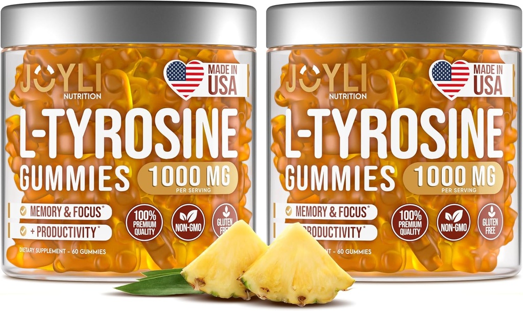 2 Pack - JOYLI L- Tyrosine Gummies 1000MG - Sugar- Free Vegan Focus Supplement & Mood Support for Kids & Voksnes - 500mg Per Gummy - Sleep Gummies for Memory, Energy & Wellness - 60 stk per pakke