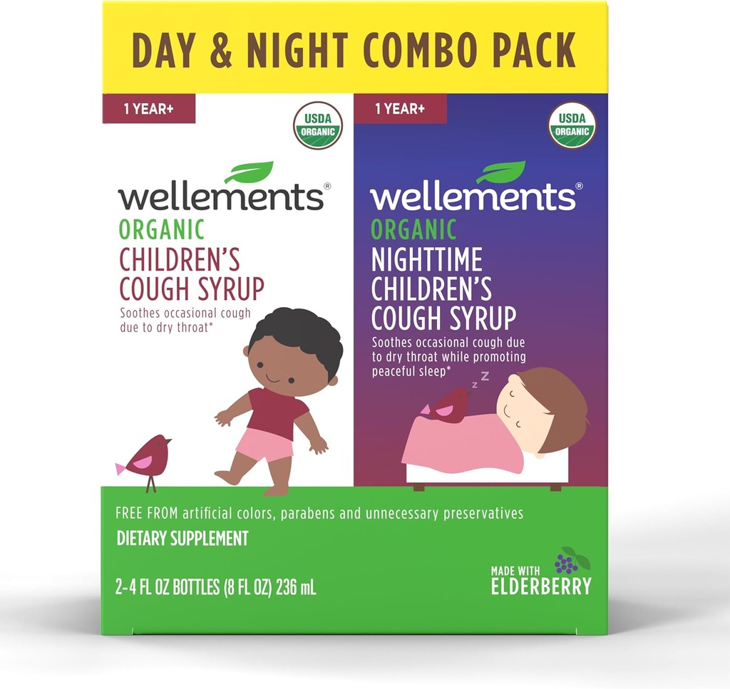 Wellness Organic Day & Nighttime Children 's Cough Combo Syrup against 124; Lindrende Daytime & Nighttime Cough Relief USDA Økologisk Pack (2) 4 Fl Oz. Flasker, 1 år +