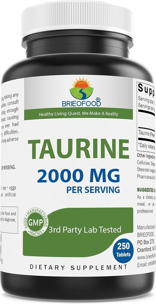 Brieofood Taurine 2000 mg per servering - 250 tabletter - 3. part Lab Testet for renhed & kvalitet