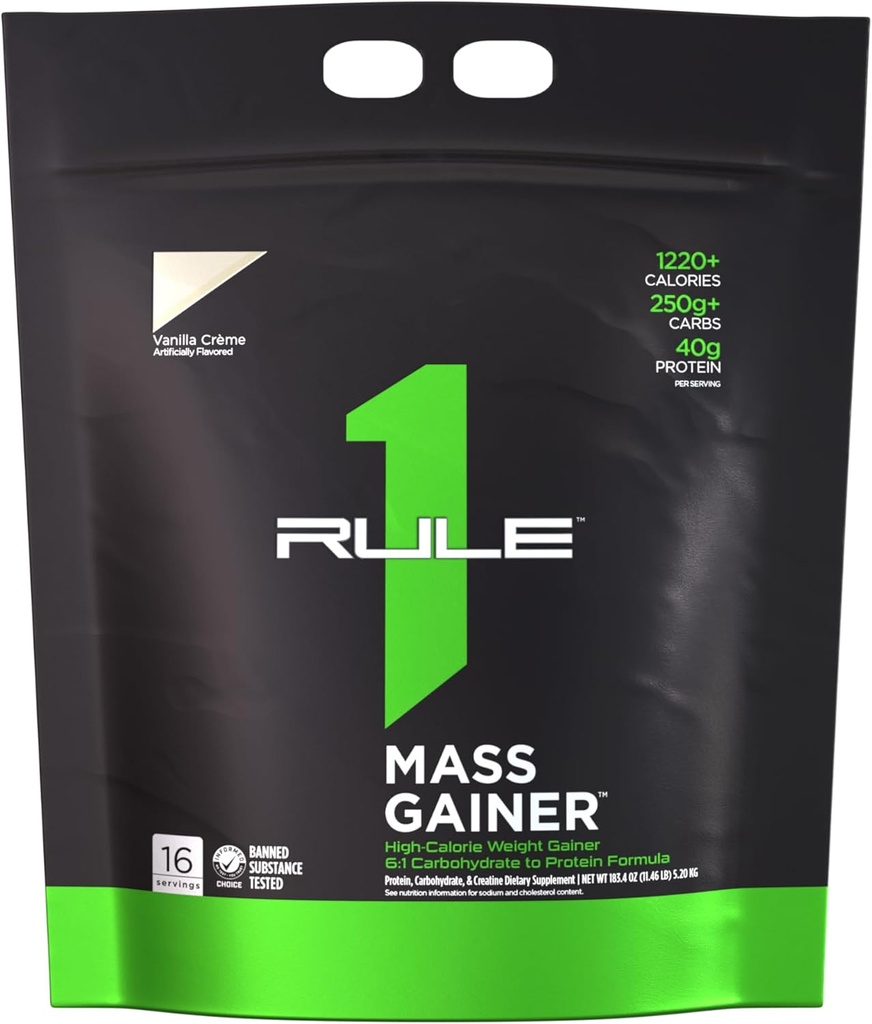 Regel 1 Mass Gainer - Højkalorie vægt Gain Formel med 1,220 + kalorier, 250g + Complex Carb Blend, 40g All- Whey Protein Per Servering (16 Servere, Vanilla Crème)