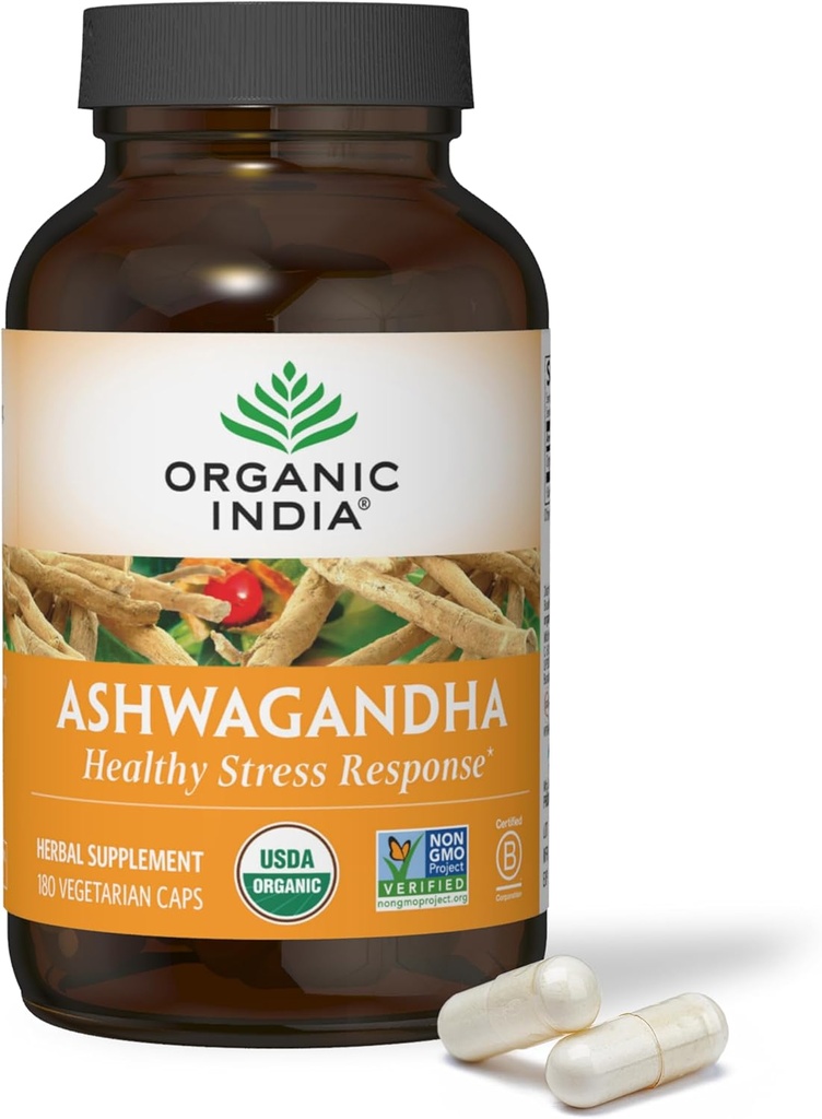 ORGANISK INDIA Ashwagandha Kapsler - Organic Ashwagandha Supplement - Vegan Ashwagandha Root, Gluten- Free, Kosher, Non- GMO, Understøtter Stress Relief, energi og søvn - 180 Kapsler