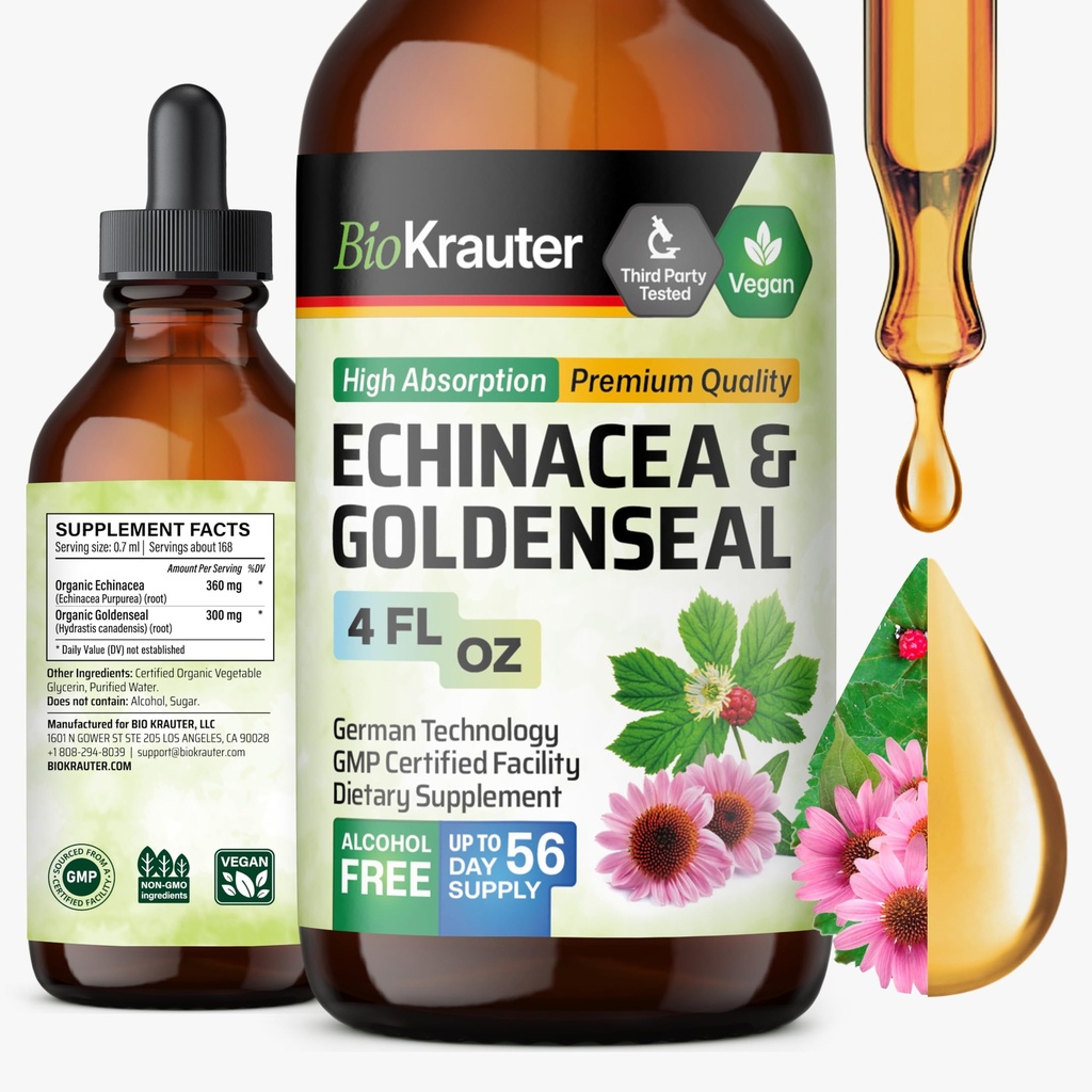 BIO KRAUTER Echinacea og Goldenseal Root Liquid Extract - Naturlig immunforsvar - Echinacea Drops med Goldenseal - Vegan, Alkohol & Sukker Free tinktur - 4 Fl.Oz.