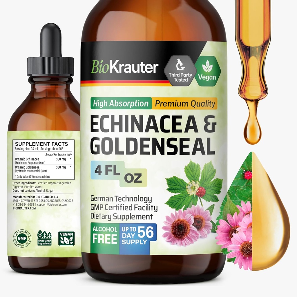 BIO KRAUTER Echinacea og Goldenseal Root Liquid Extract - Naturlig immunforsvar - Echinacea Drops med Goldenseal - Vegan, Alkohol & Sukker Free tinktur - 4 Fl.Oz.