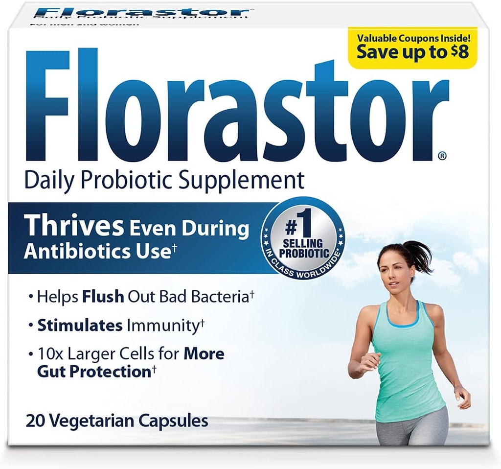 Florastor Probiotics for Digestive & Immune Health, 20 Capsules, Probiotics for Women & Men, Dual action helps flush out bad bacteria & boosts the good with our unique strain Saccharomyces boulardii