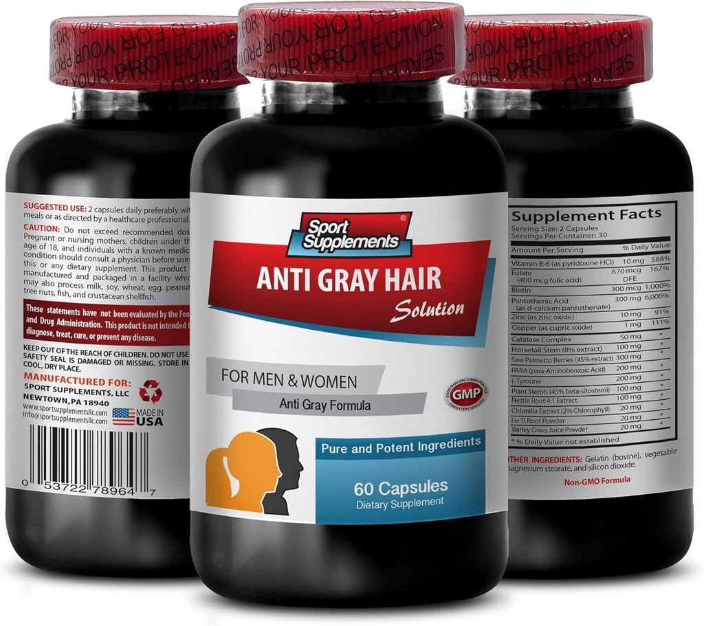 Catalase Complex Anti- Gray Hår piller - ANTI- GRAY HÅR OPLØSNING - Kraftig antioxidant til hårvækst, bevare naturlige hårfarve, forhindre graying, essentielle næringsstoffer, 1 flaske, 60 kapsler