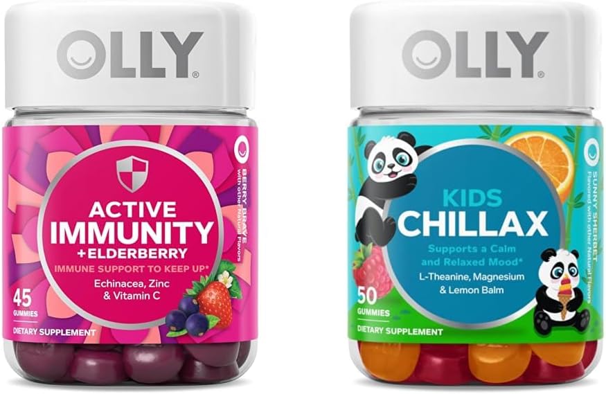 OLLY Gummy Active Immunity + Elderberry, 45 Gummies Kids Chillax, Magnesium Gummies, Lemon Balm, Rolige Chews for Kids 4 +, 50 Greve