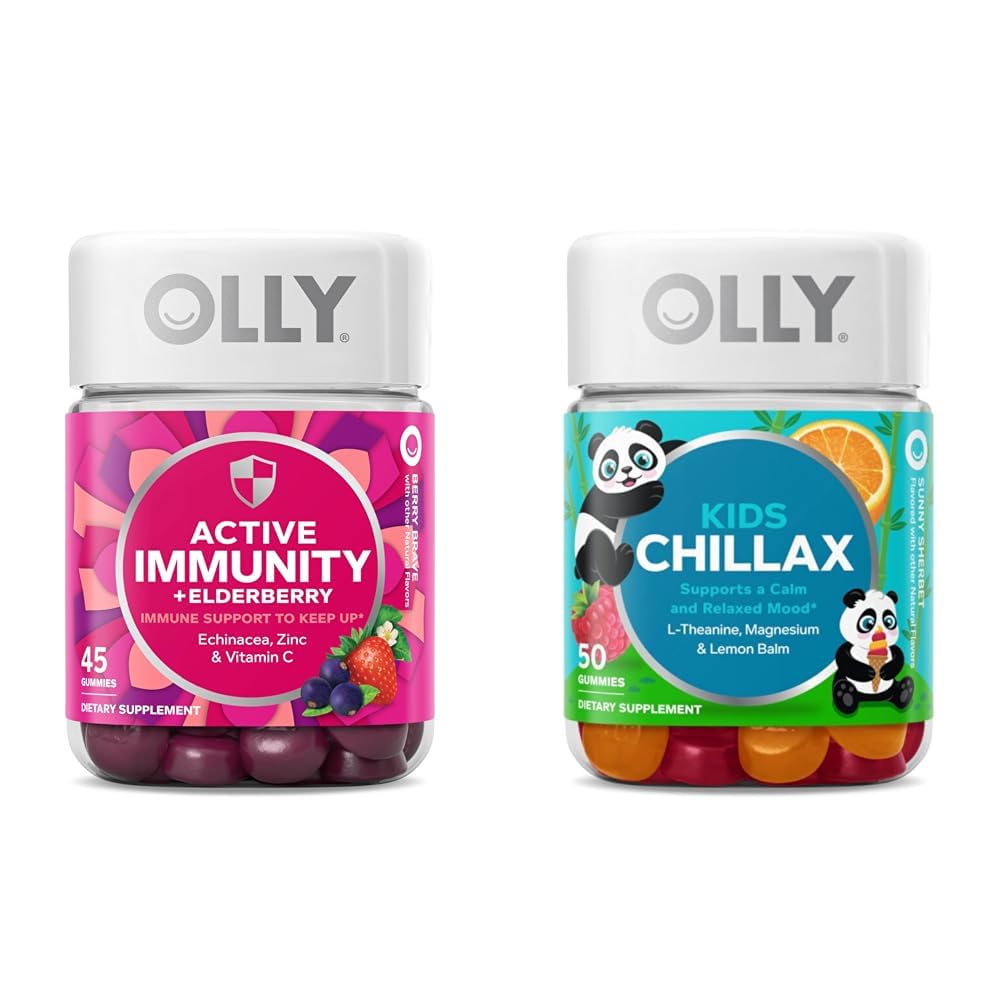 OLLY Gummy Active Immunity + Elderberry, 45 Gummies Kids Chillax, Magnesium Gummies, Lemon Balm, Rolige Chews for Kids 4 +, 50 Greve