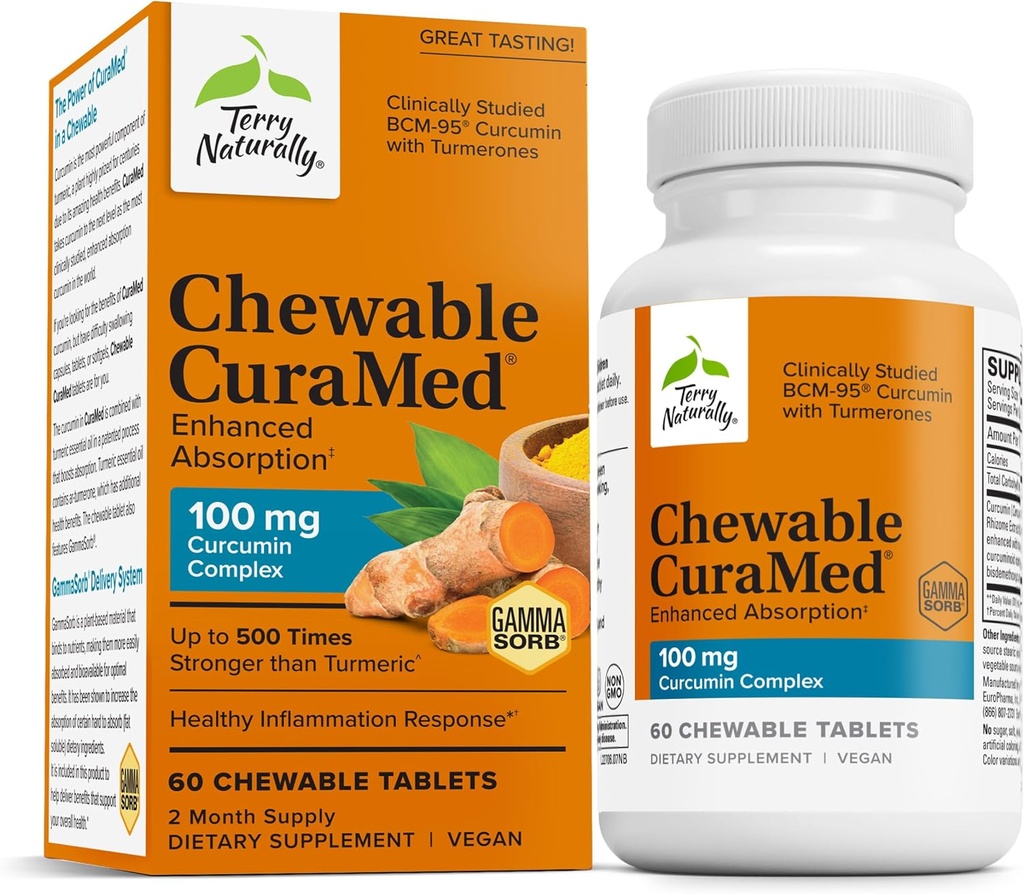 Terry naturligt CuraMed 100 mg Curcumin Complex - Forbedret Absorption Curcumin tillæg med gurkemeje - Brain & Lever Health Support - Vegansk Kosttilskud - 60 tyggetabletter
