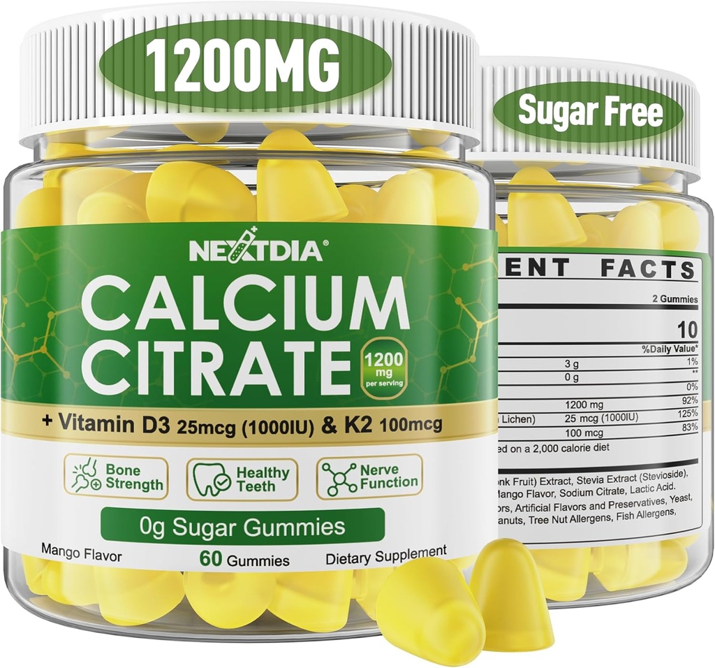 Calcium Citrate Gummies 1200mg med vitamin D3 K2, Chewable Calciumtilskud til kvinder & mænd, High Potency Support B0ne, Te * th, Styrke & immunforsvar, Mango Flavor, Non- GMO, Sukker Free, 120 Cts