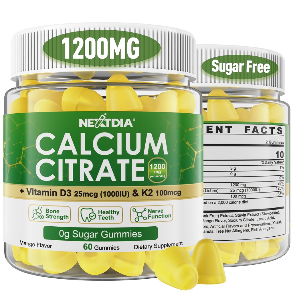 Calcium Citrate Gummies 1200mg med vitamin D3 K2, Chewable Calciumtilskud til kvinder & mænd, High Potency Support B0ne, Te * th, Styrke & immunforsvar, Mango Flavor, Non- GMO, Sukker Free, 120 Cts
