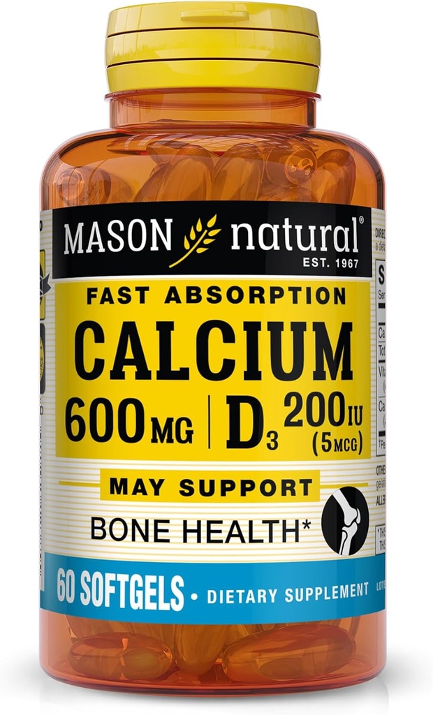 MASON NATURAL Fast Absorption Calcium med D3- vitamin - Styrker muskelfunktion, understøtter sunde knogler og samlet sundhed, 60 Softgels