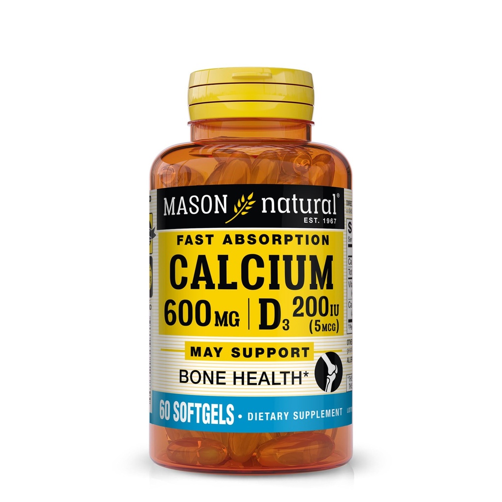 MASON NATURAL Fast Absorption Calcium med D3- vitamin - Styrker muskelfunktion, understøtter sunde knogler og samlet sundhed, 60 Softgels