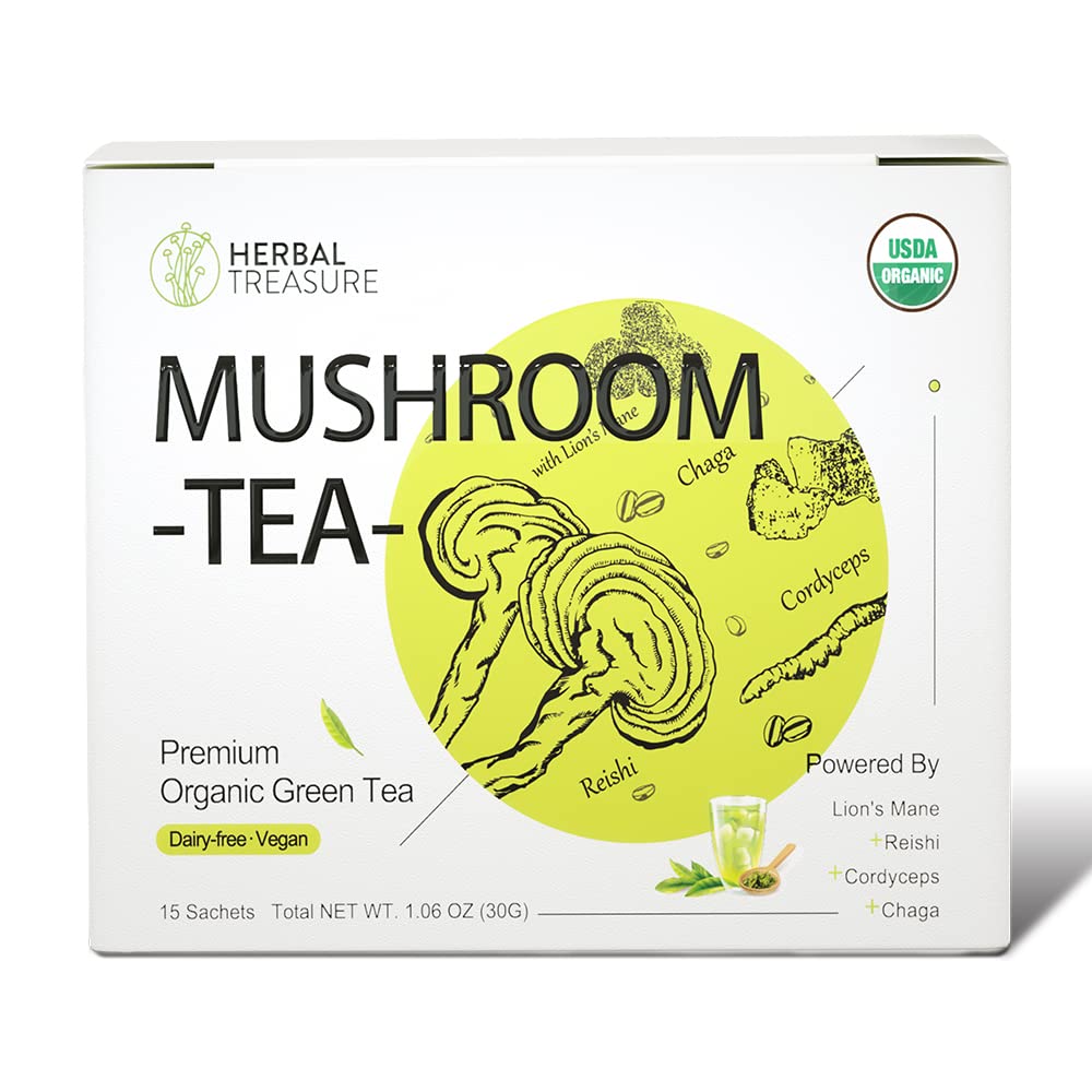 WL Herbal Treasure Mushroom Green Tea med Lions mane Reishi Cordyceps Chaga 15 Greve