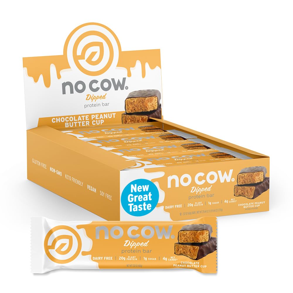 Ingen Cow Vegan Protein Bars, Opgraderet Peanut Butter Cup Buddy 124; 20g Plant Based Protein, Gluten Free, Dairy Free, Soy Free, Keto Friendly, Low Sugar, High Fiber Snack Bars 124; Pack of 12