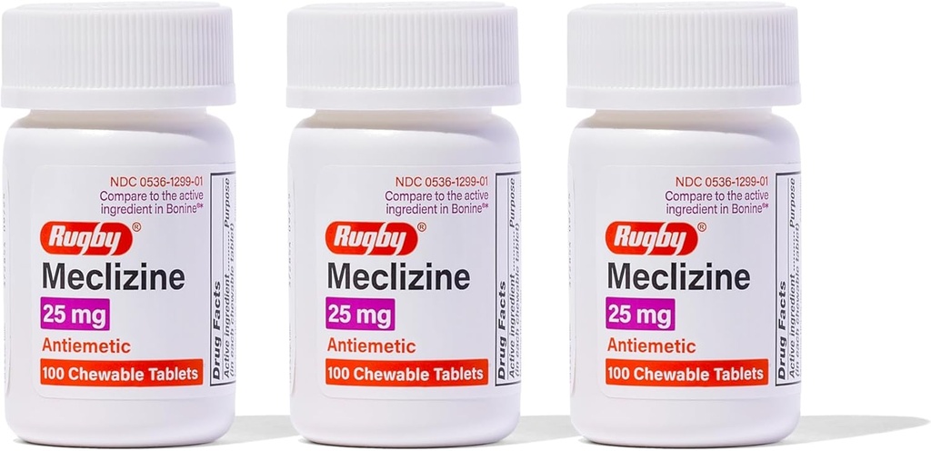 Rugby Meclizine Chewable Tablets 25mg - Anti- Kvalme Medicin Hjælper med Motion Sygdom - 100 Greve (3 Pack)