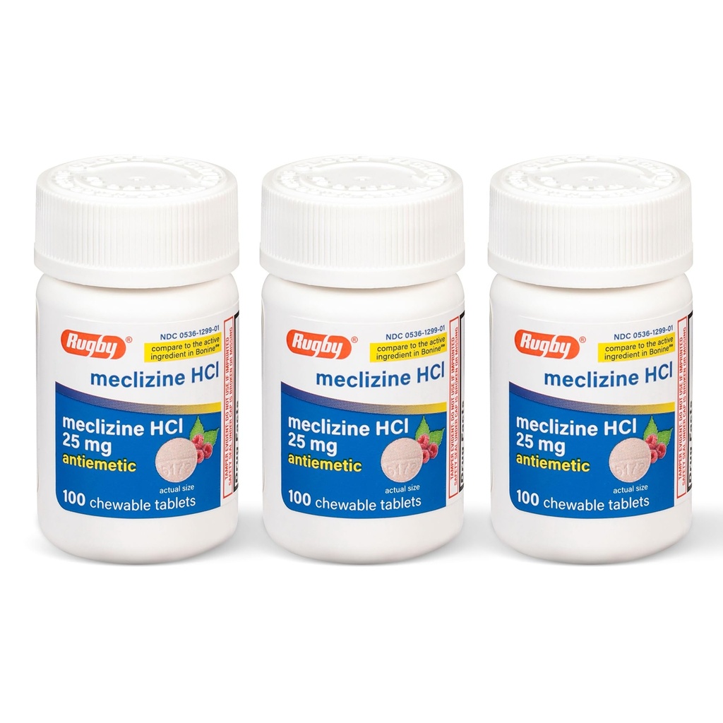 Rugby Meclizine Chewable Tablets 25mg - Anti- Kvalme Medicin Hjælper med Motion Sygdom - 100 Greve (3 Pack)