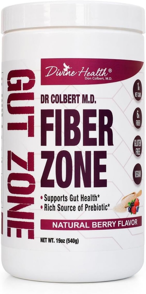 Guddommelig sundhed Dr. Colbert, MD Fiber Zone Powder Б124; Berry Flavor Prebiotics Б124; 6g Psyllium Husk & Inulin Fiber Б124; Anbefalet i Sund Gut Zone Book Б124; 19 oz Б124; 60 Servering