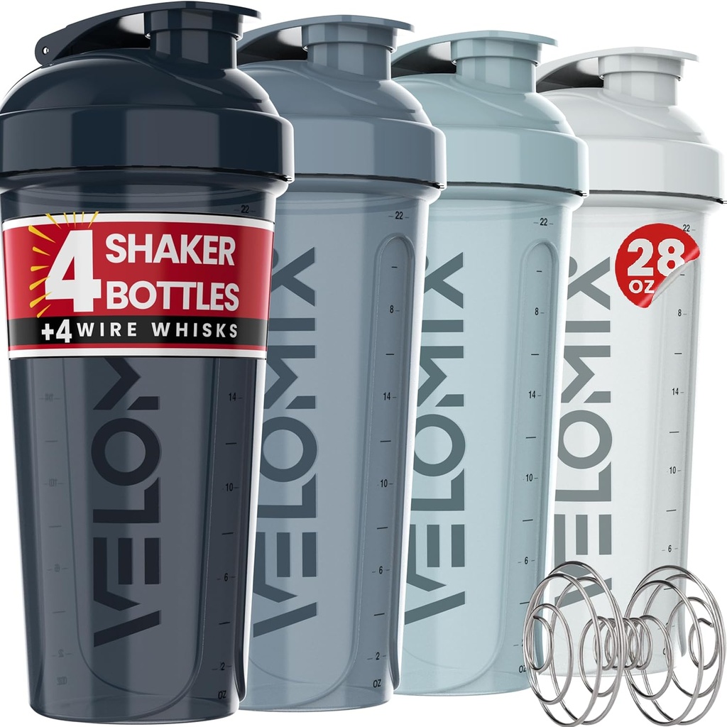 VELOMIX -4 PACK 28 Oz Protein Shaker Flaske til Protein Mixes - 4x Wire Whisk - 124; læk proof Shaker Cups til Protein Shakes - 124; Protein Shaker Flaske Pack - 124; Protein Shake Cup (Aqua Dyb)