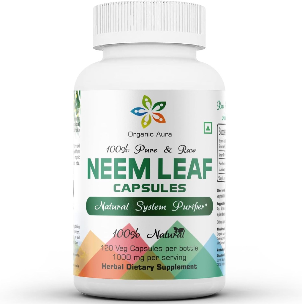 Organiske Aura Neem kapsler. 100% ren og potent. Raw Green Whole Superfood. Lavet med hele Spectrum Neem blade. Mirakel-afgiftende agent.