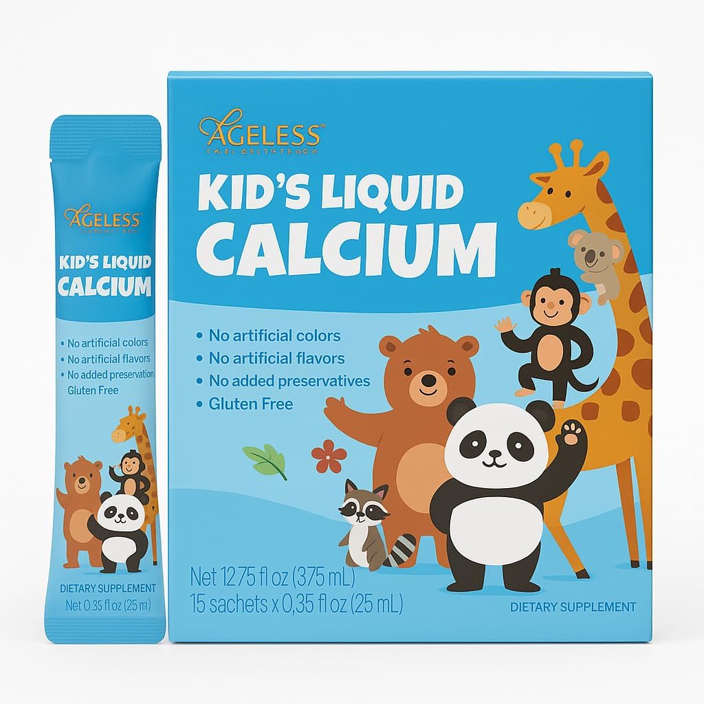 Agueless Kids Flydende Calcium supplement, til voksende knogler, D-vitamin, zink, og Magnesium, med Sea Bass Extract - Høj Absorption, immunforsvar, Glutenfri - 25 ml (15 Greve)
