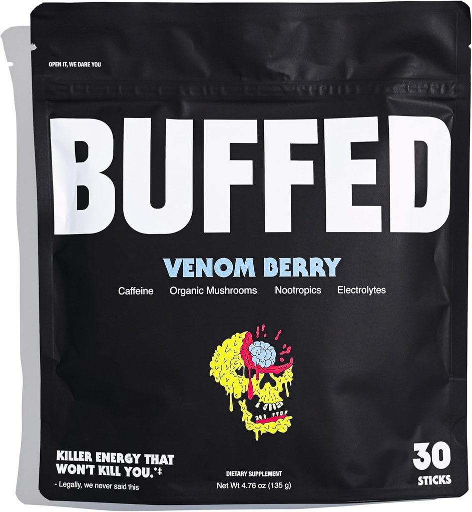 Energy Powder Stick Packs, Drink Mix Mex124; Ren, sund Boost Packets Mex124; 150mg Koffein + Hydration Mex124; Nootropics, Organic Mushrooms, B- Vitaminer, Elektrolytes Mex124; 30 Package-Venom Berry