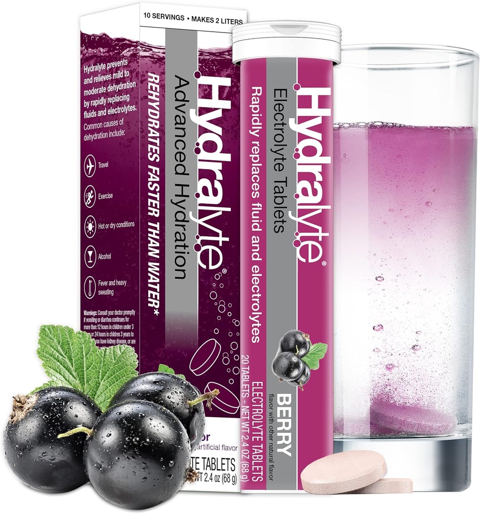 Hydralyte Electrolyte Tablets against 124; Berry Electrolytes against 124; Perfekt til Bachelorette Parties, Workout Essential og A Travel Essential for Daily Hydration Needs