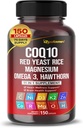 Coenzym Q10 (Ubiquinon) Rød Gær Rice Hawthorn Omega 3 Vitamin C Niacin Zink Vitamin K2- 150 Capsules - Made in USA