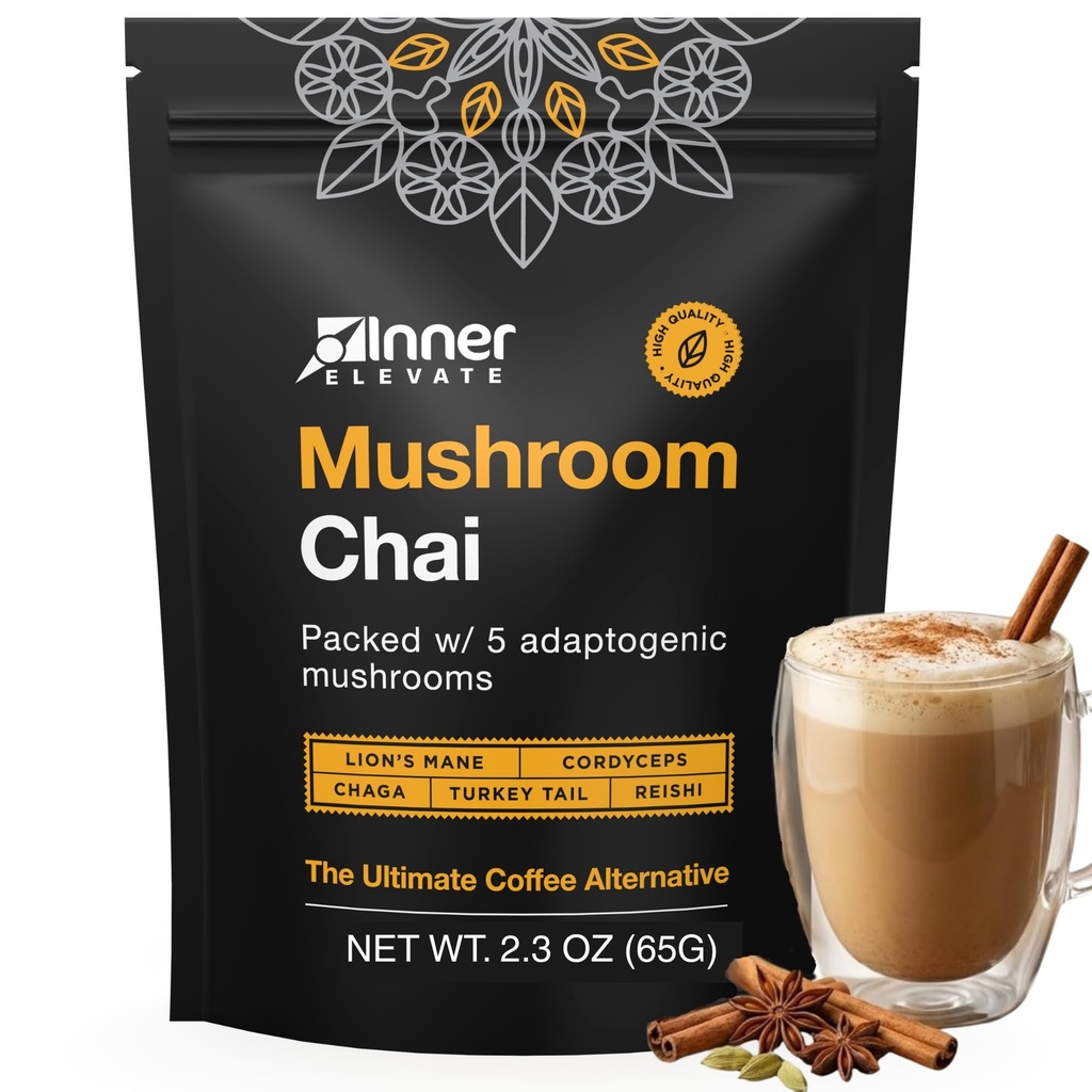 Indre Elevate Superfood Mushroom Chai - Ultimate Coffee Alternative - Adaptogen Mushroom Tea Drikke med Lions Mane, Cordyceps, Chaga, Reishi, Tyrkiet Hale (35 Servere)