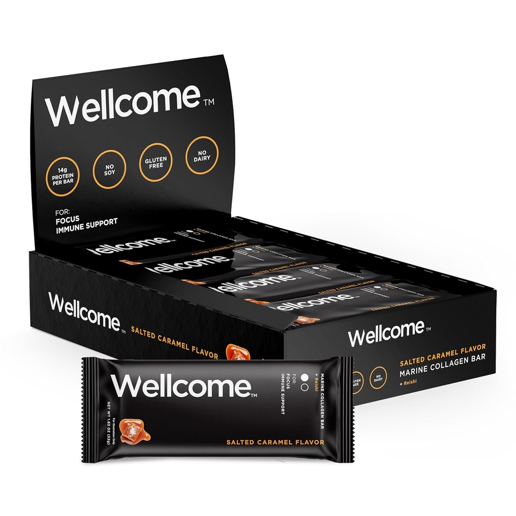 Wellcome Saltet Caramel Marine Collagen Protein Bar med Reishi Mushroom for energi og immunforsvar - Adaptogen Snack Bar - Dairy Free Health Bar til funktionel aktiv livsstil (Pack af 12)