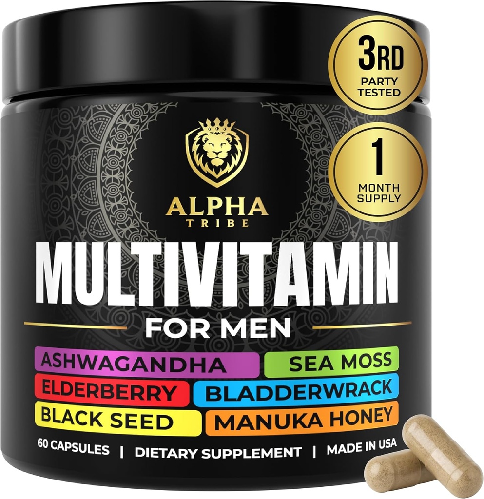 Alpha Tribe Multivitamin til mænd med Seamoss Black Seed Oil Ashwagandha Burdock Root, gurkemeje Bladderwrack, C-vitamin, Elderberry, Manuka, Gul Dock124; daglige mænds vitaminer og mineraler supplement