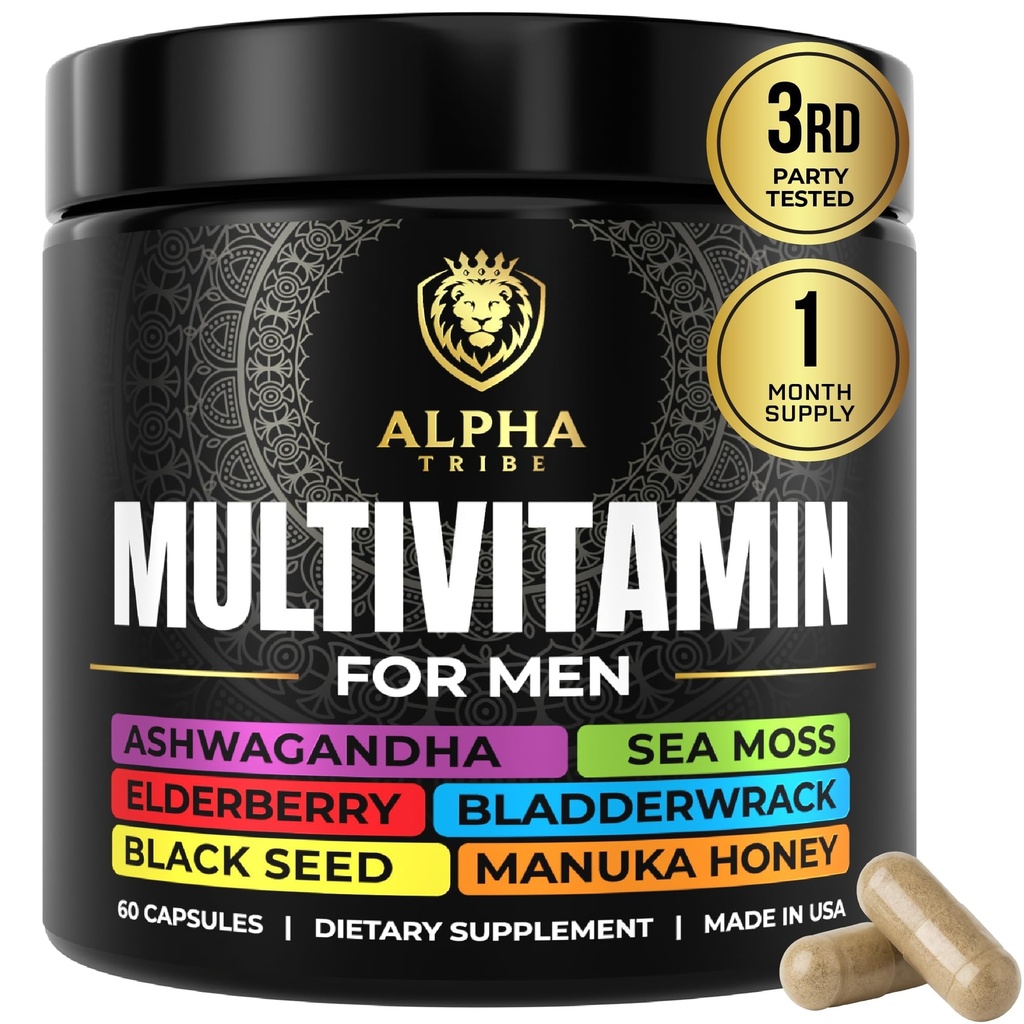 Alpha Tribe Multivitamin til mænd med Seamoss Black Seed Oil Ashwagandha Burdock Root, gurkemeje Bladderwrack, C-vitamin, Elderberry, Manuka, Gul Dock124; daglige mænds vitaminer og mineraler supplement