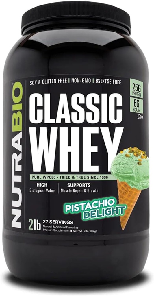NutraBio Classic Whey Protein Powder- 25G Protein Per Scoop - Full- Spectrum Aminosyreprofil - Ingen Fillers, Kunstige Farver, Preservatives - (Pistachio Delight, 2 Pounds)