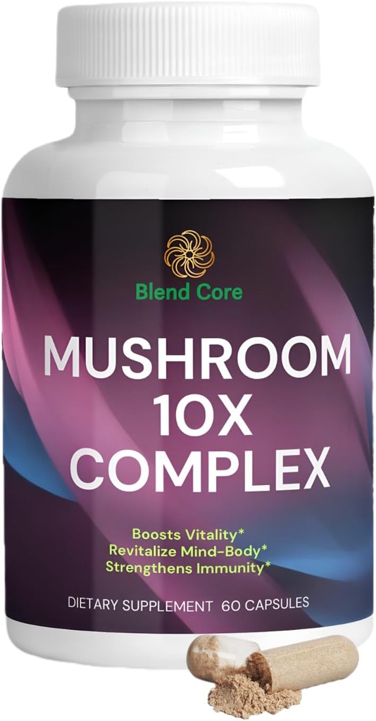 Mushroom 10X Complex - Lions Mane, Reishi og Cordyceps - Supplement til Natural Energy & Stress Relief - Immunboost - Fokus & Memory - Natural & Non- GMO