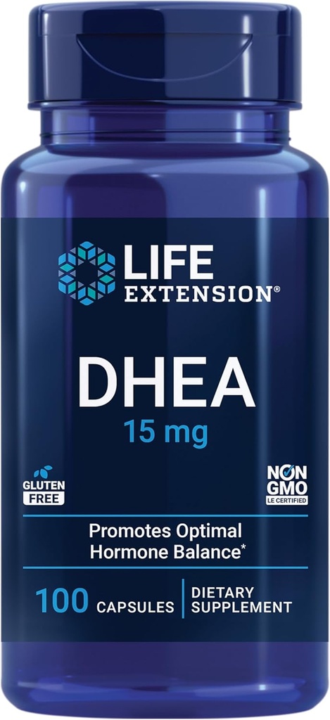 Life extension DHEA 15 mg - Hormonbalance supplement, hukommelse, muskelmasse og knogletæthed støtte, sund sexdrev, glutenfri, ikke-GMO, 100 kapsler