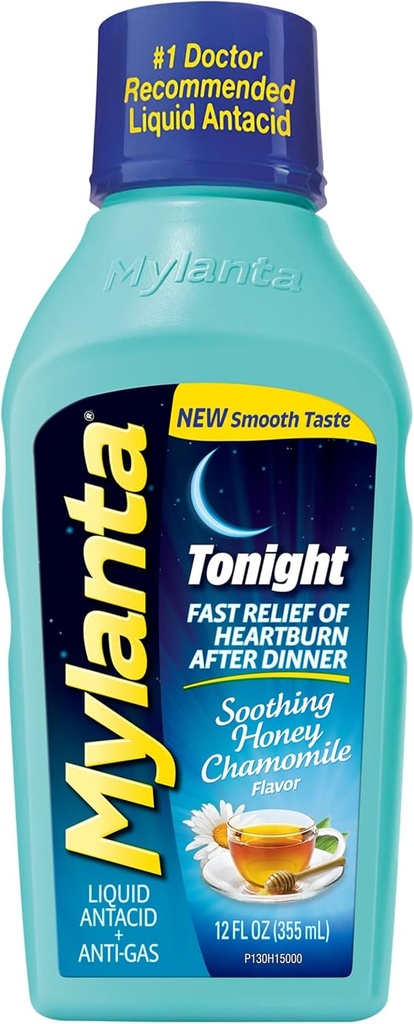 Mylanta Heartburn and Gas Relief, Flydende Antacida, Tonight Formel, Honning Kamille Flavor, 12 Fl Oz