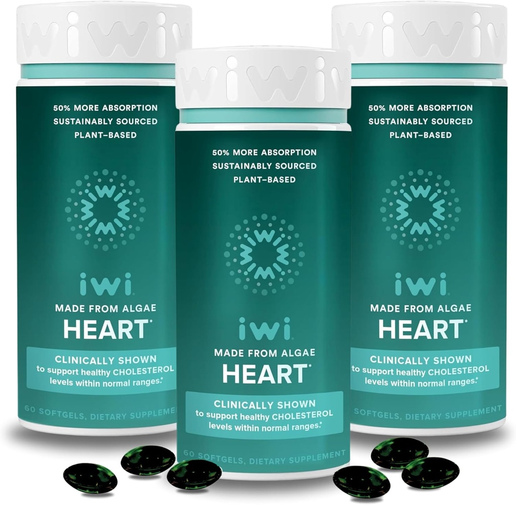 Iwi Life Heart Omega-3, 180 Softgels (90 Servere), Vegan Plant- baserede Alger Omega Fedtsyrer + EPA, Heart Health Support Kosttilskud, Krill & Fish Oil Alternative, Ingen Fishy Eftersmag