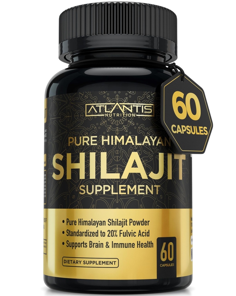 Atlantis Nutrition Himalayan Shilajit Kapsler Formuleret med 20% Fulvic Acid Medical 124; 10: 1 Extract giver 10,000mg D.H.E.; USA Made Medical 124; Himalayan Shilajit Supplement for mænd & kvinder Medical 124; 60 Capsules