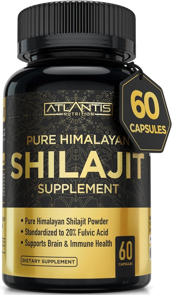 Atlantis Nutrition Himalayan Shilajit Kapsler Formuleret med 20% Fulvic Acid Medical 124; 10: 1 Extract giver 10,000mg D.H.E.; USA Made Medical 124; Himalayan Shilajit Supplement for mænd & kvinder Medical 124; 60 Capsules