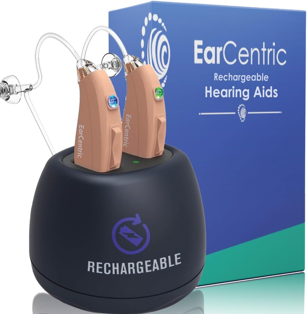 EarCentric EasyCharge Genopladelige høreapparater (Par) for seniorer, Behind- The- Ear BTE Ear Aid PSAP digital Personal sound amplifikation produkter enheder med støjaflysning (Beige)