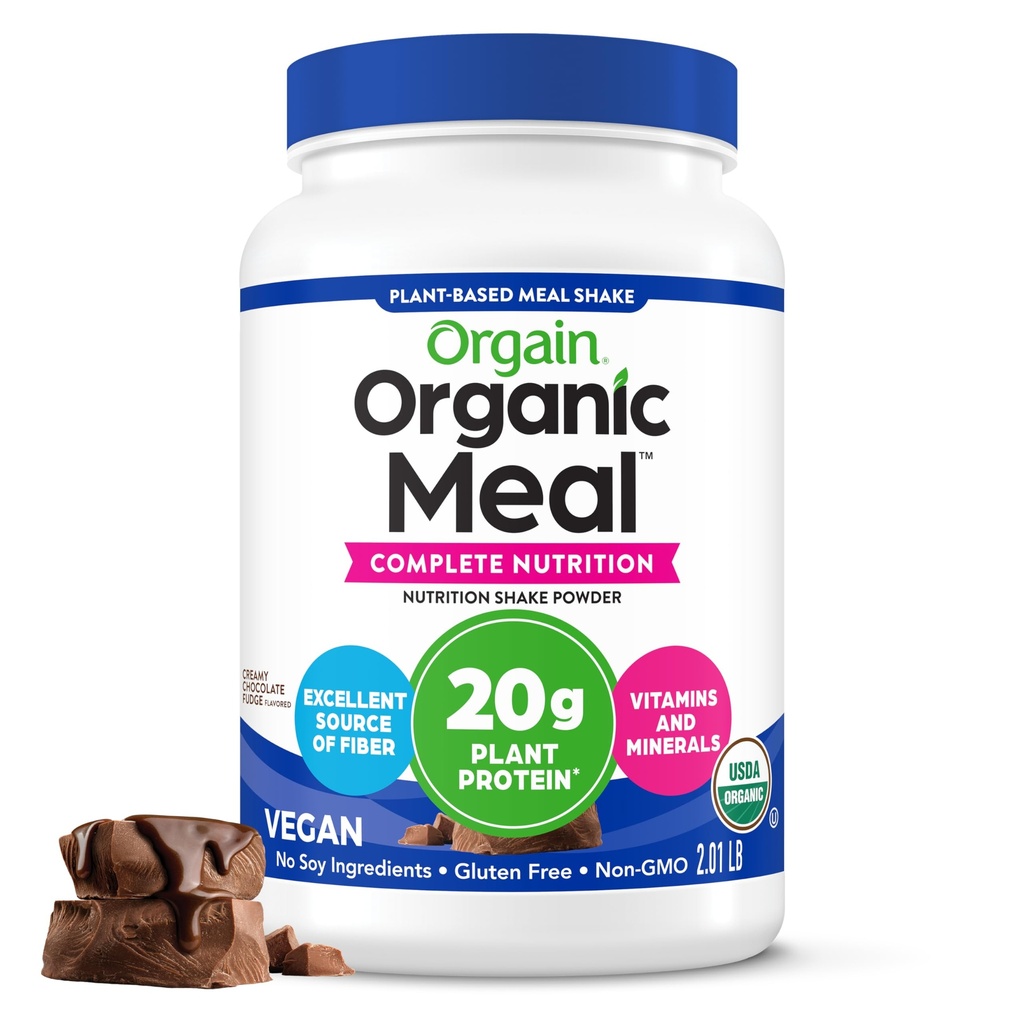 Orgain Organic Vegan Meal Erstatning Protein Powder, Creamy Chocolate Fudge - 20g Plant Based Protein, Gluten Free, Dairy Free, Lactose Free, Soy Free, No Sugar Added, For Smoothies & Shakes - 2.03lb