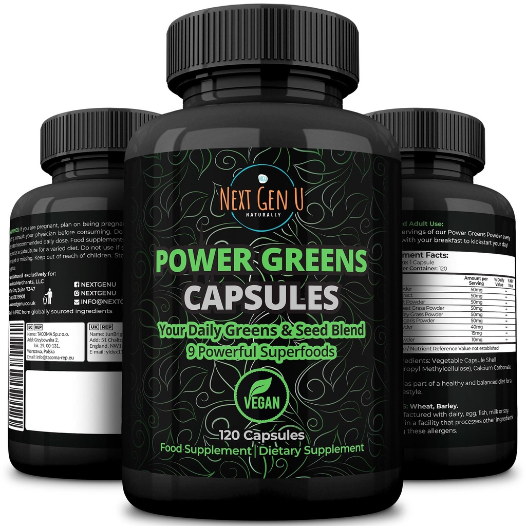 Super Green - immunsystem support - 500 mg 120 Veganske kapsler - Superfoods for Daily Booster - Sund Keto Blend med Acai, Wheatgrass, Guarana, Chlorella, Flaxseed, Matcha, Maca - af NextGenU