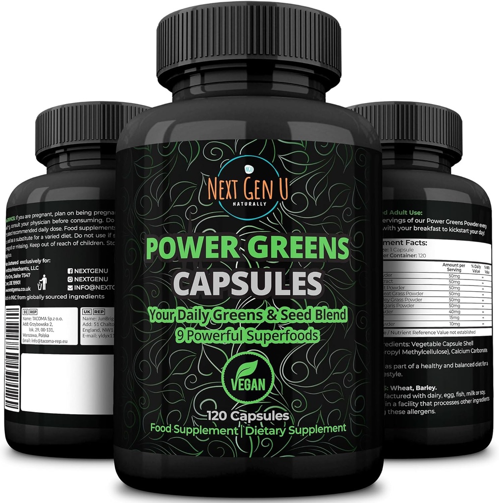 Super Greens - Immune System Support - 500 mg 120 Vegan Capsules - Superfoods for Daily Booster - Healthy Keto Blend with Acai, Wheatgrass, Guarana, Chlorella, Flaxseed, Matcha, Maca - by NextGenU