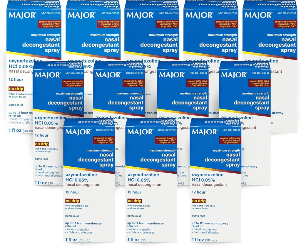MAJOR Maximum Strength Nasal Decongestant Spray, Oxymetazolin HCl 0,05% Pump Mist, Non- Drowsy Nasal Spray, op til 12-timers Relief fra Nasal Congestion, Colds, og Allergier 1 Fl. Oz. (12- Pack)