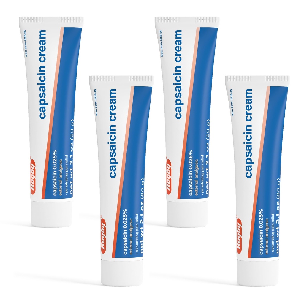 Rugby Capsaicin 0, 025% creme til penetrerende smertelindring - 2, 1 Oz (60 g) (4 Pack)